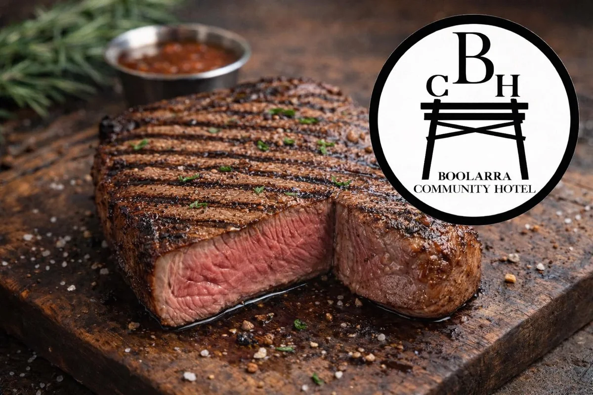 Promotional artwork showing grilled steak beside the Boolarra Community Hotel logo.