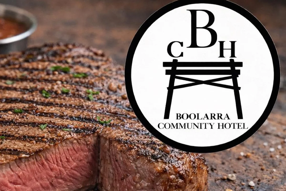 Boolarra Community Hotel circular logo over a food-themed promotional background.