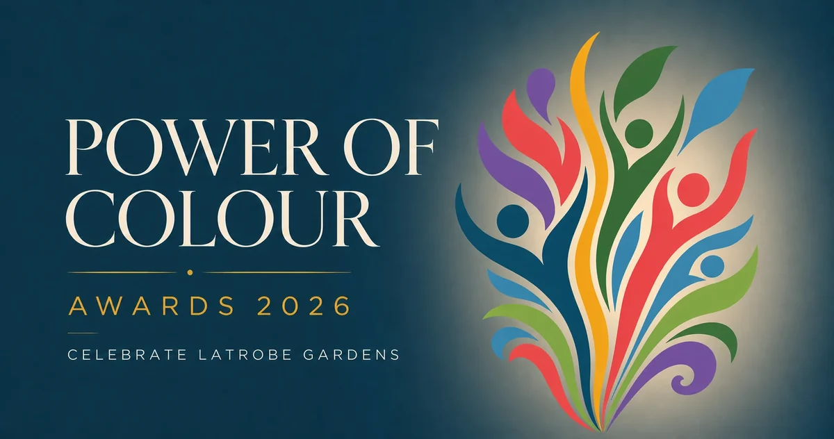 Power of Colour Awards 2026 — Celebrate Latrobe Gardens, with colourful figures rising like a fountain of leaves.