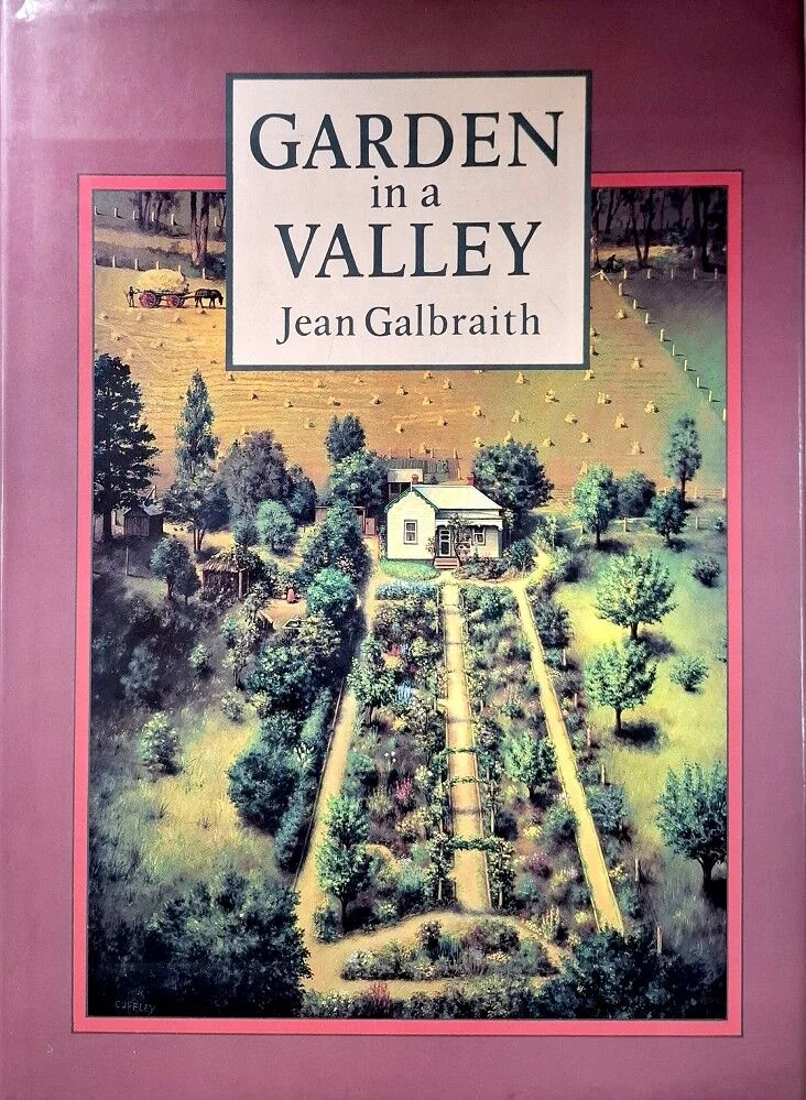 Cover of Garden in a Valley by Jean Galbraith, showing an illustrated house and long garden beds in a valley.