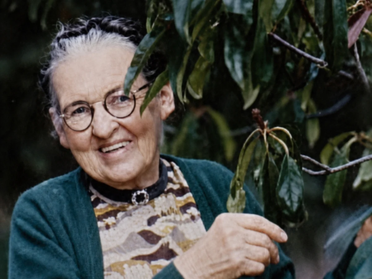Jean Galbraith seated among dense garden foliage, holding a leafy branch.