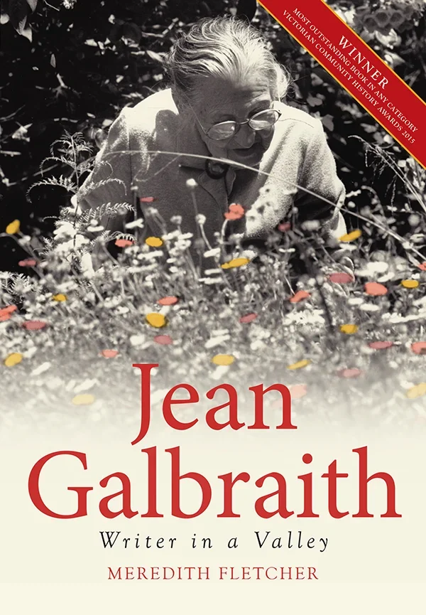 Cover of Jean Galbraith: Writer in a Valley by Meredith Fletcher, featuring Jean kneeling among flowers.