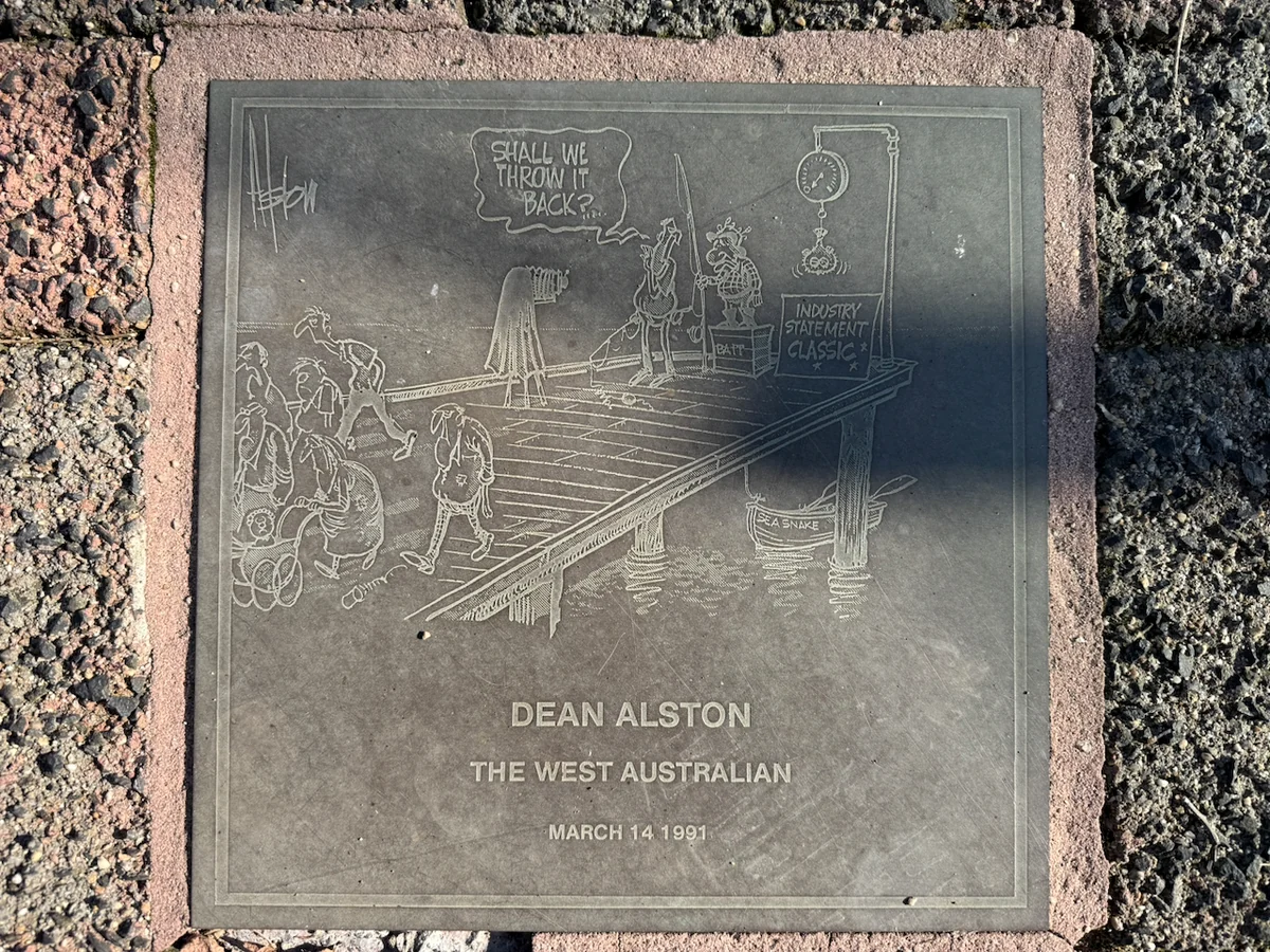Original photograph of Dean Alston’s engraved 14 March 1991 cartoon plaque in the Moe footpath.