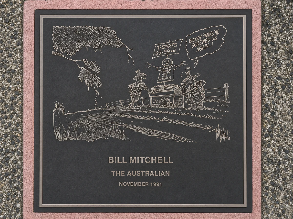 AI-assisted restoration concept of Bill Mitchell’s November 1991 cartoon plaque for The Australian.