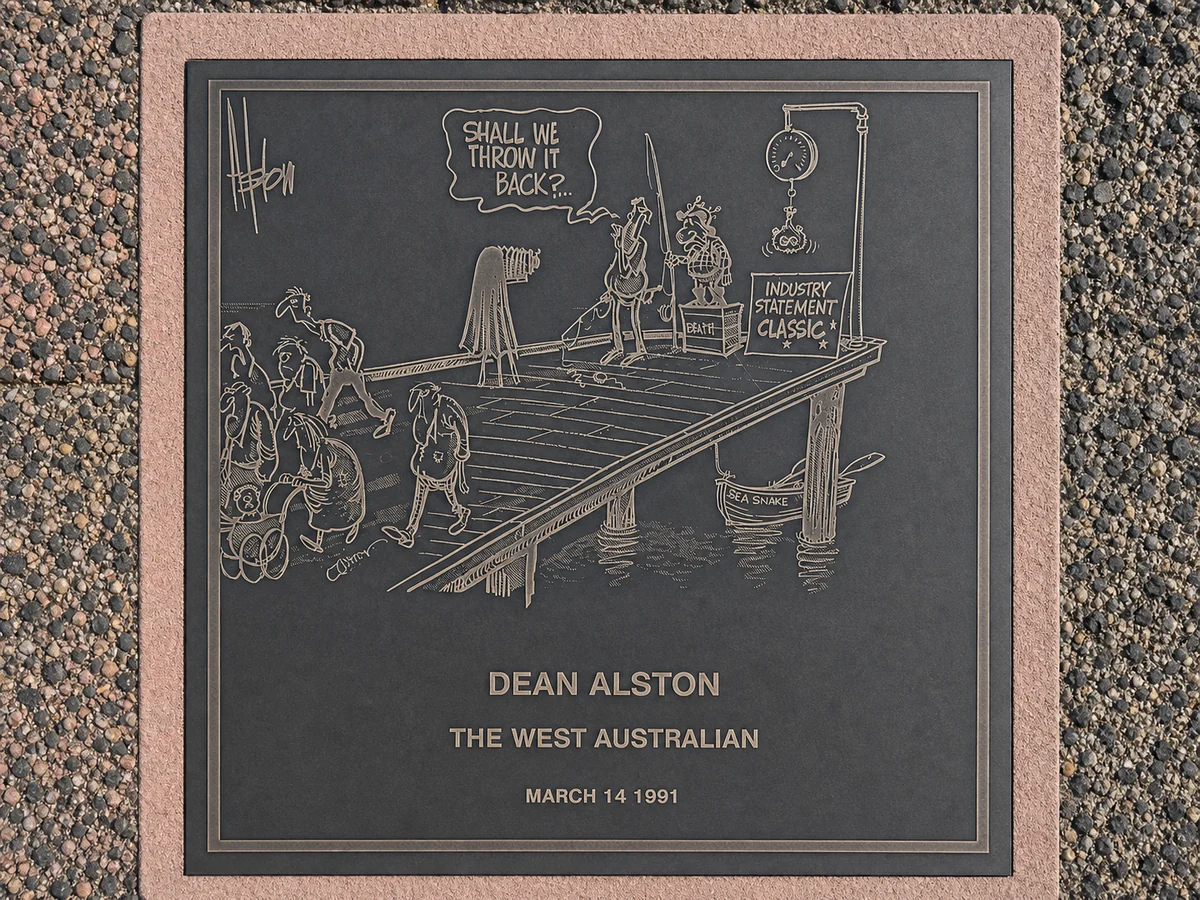 AI-assisted restoration concept of Dean Alston’s 14 March 1991 cartoon plaque for The West Australian.