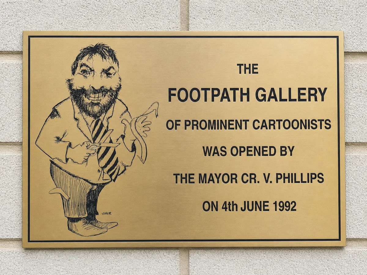 AI-assisted restoration concept of the opening plaque for the Footpath Gallery of Prominent Cartoonists.