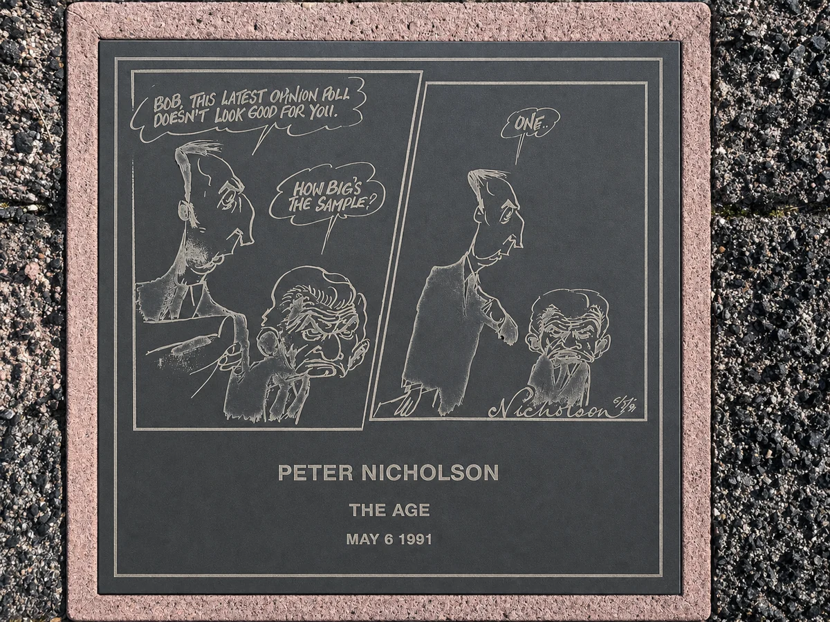 AI-assisted restoration concept of Peter Nicholson’s 6 May 1991 cartoon plaque for The Age.