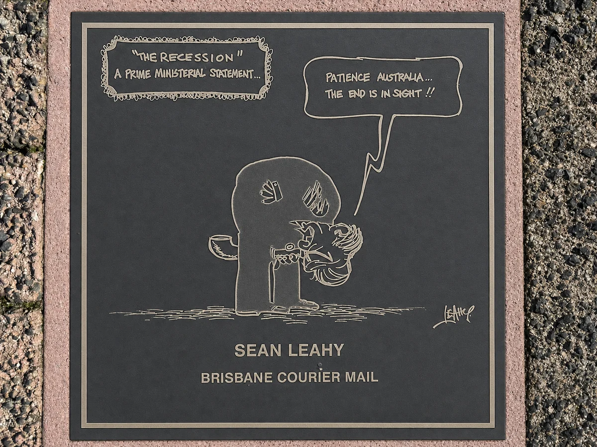 AI-assisted restoration concept of Sean Leahy’s Brisbane Courier Mail cartoon plaque.
