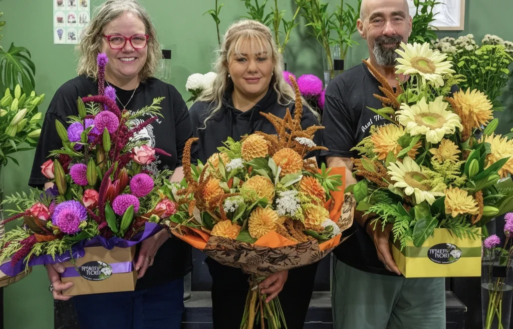 Three people stand inside Tiffany's Florist holding colourful flower arrangements.