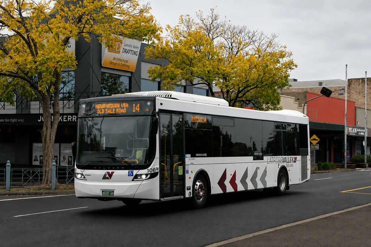 A Latrobe Valley Bus Lines bus displaying Route 14 to Newborough via Old Sale Road.