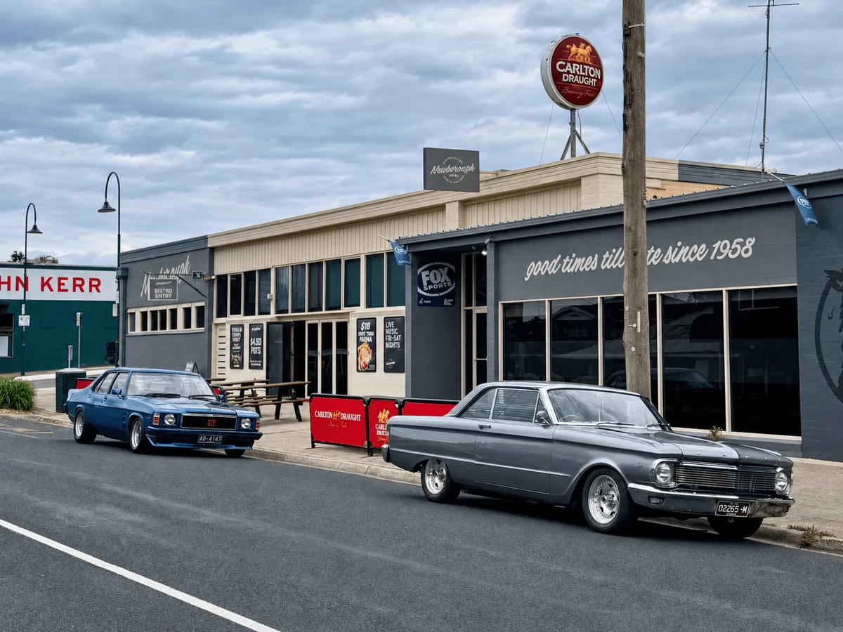 Two classic cars parked outside Newborough Hotel under an overcast sky.