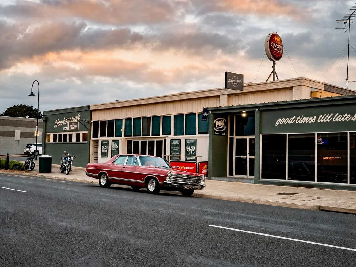 Newborough Hotel at dusk with a red classic car parked outside.