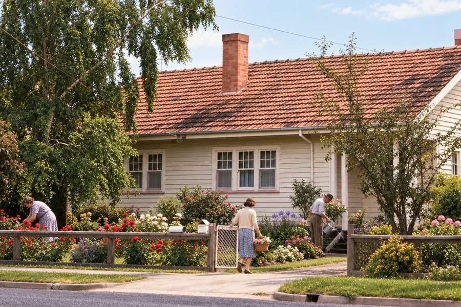 Three adults tend a flower-filled garden in front of an original weatherboard Yallourn house in an AI-assisted editorial reconstruction.