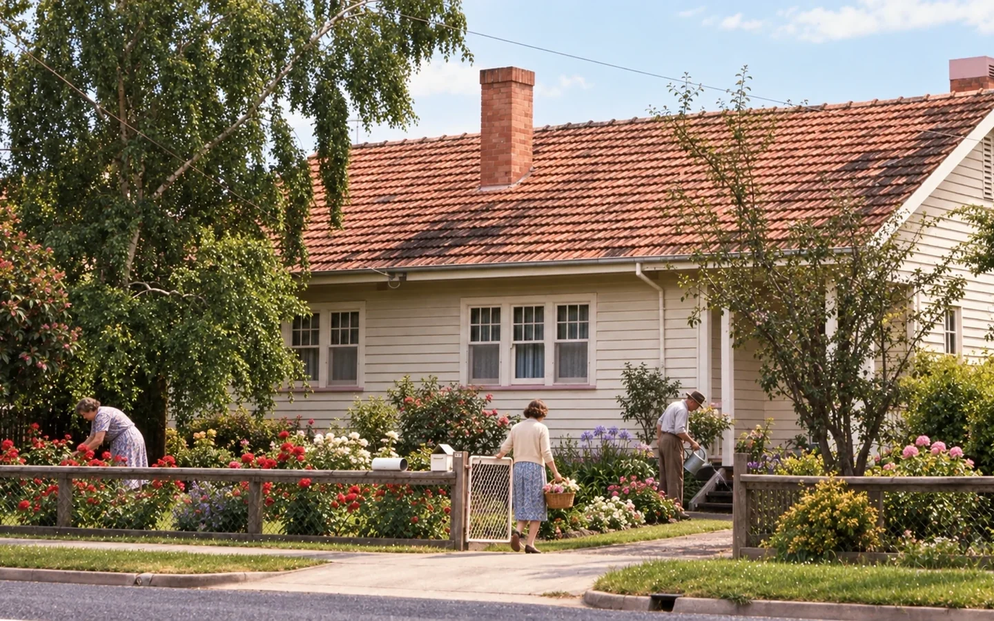 Three adults tend a flower-filled garden in front of an original weatherboard Yallourn house in an AI-assisted editorial reconstruction.