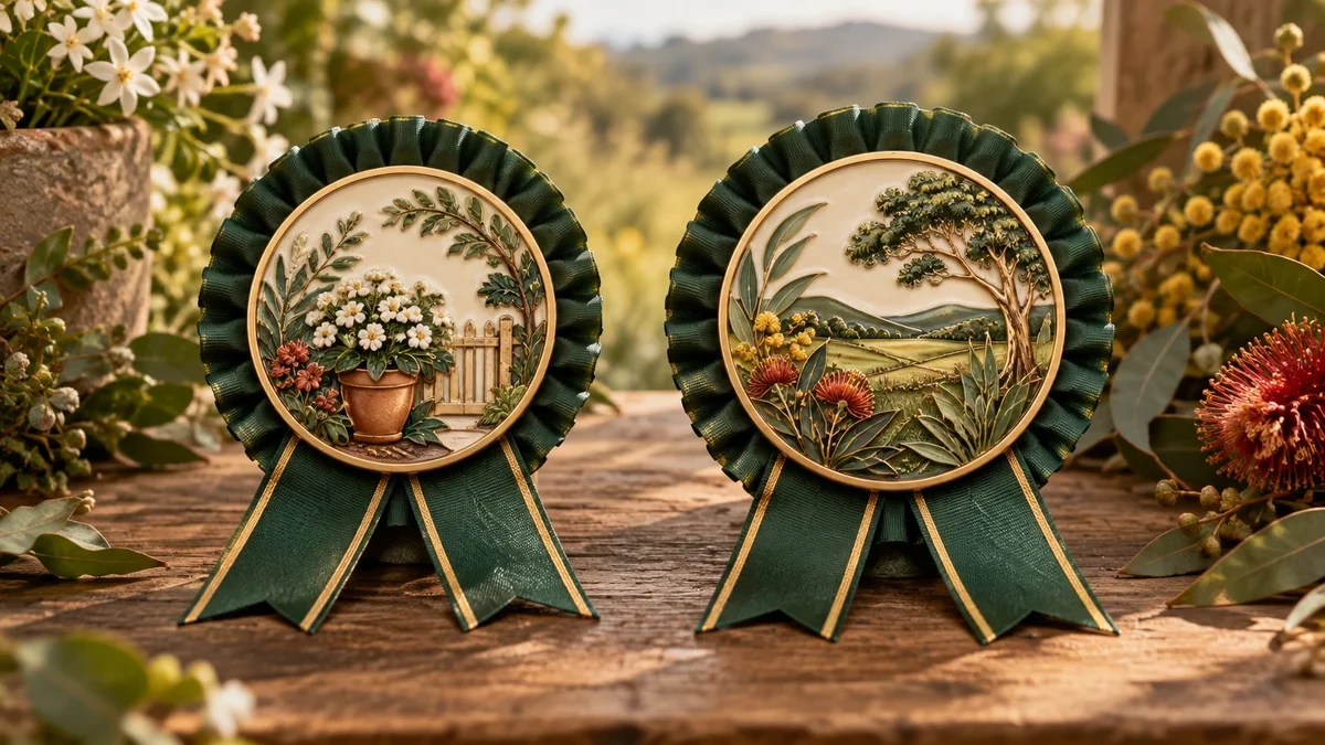 Two coordinated green and gold garden award rosettes, one featuring a compact flower garden and the other a broad rural landscape.