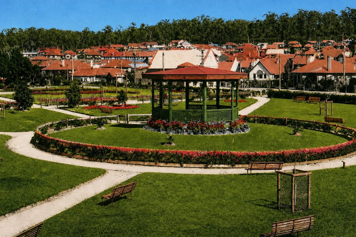 Formal gardens with curved paths, flower beds, benches and a central gazebo, with Yallourn houses rising behind.