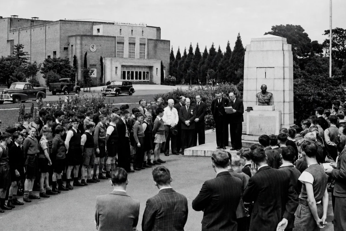 Black-and-white photograph of adults and schoolchildren gathered at the Sir John Monash monument, with the Yallourn theatre behind them.