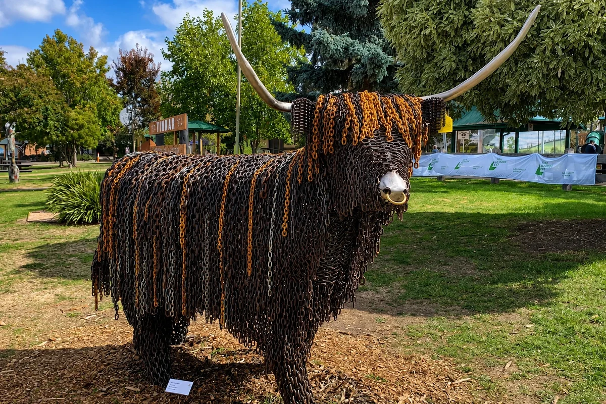 A long-horned cattle sculpture formed from dark and rust-coloured chain stands in a green public space in Yinnar.