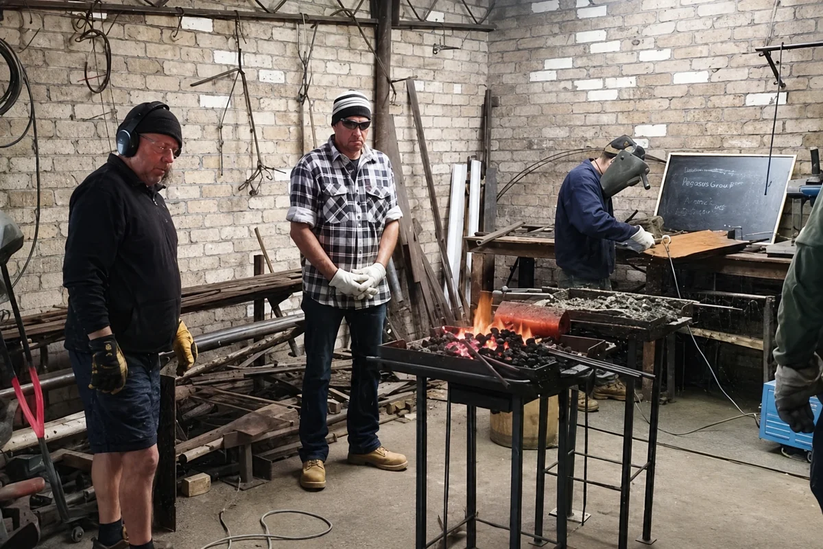 Participants gather around a glowing coal forge during a blacksmith workshop inside ARC Yinnar's brick industrial building.