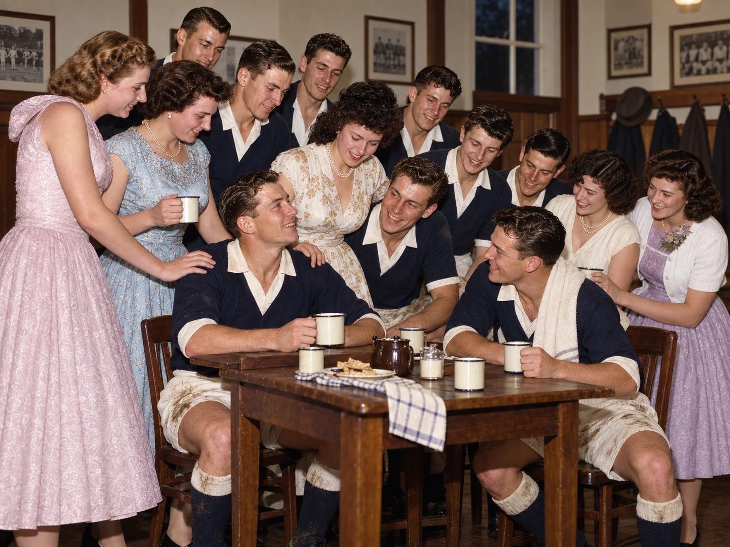 Colour interpretive scene of Yallourn players and families sharing a clubhouse celebration