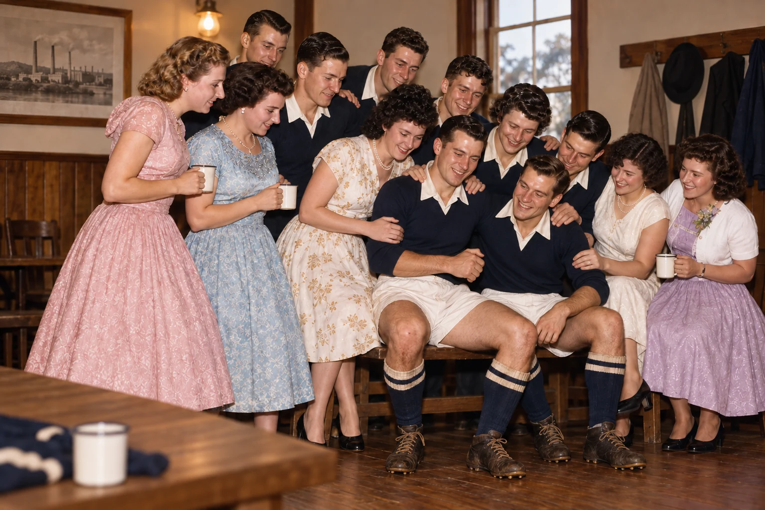 Colour interpretive scene of Yallourn football players and families celebrating together in 1951
