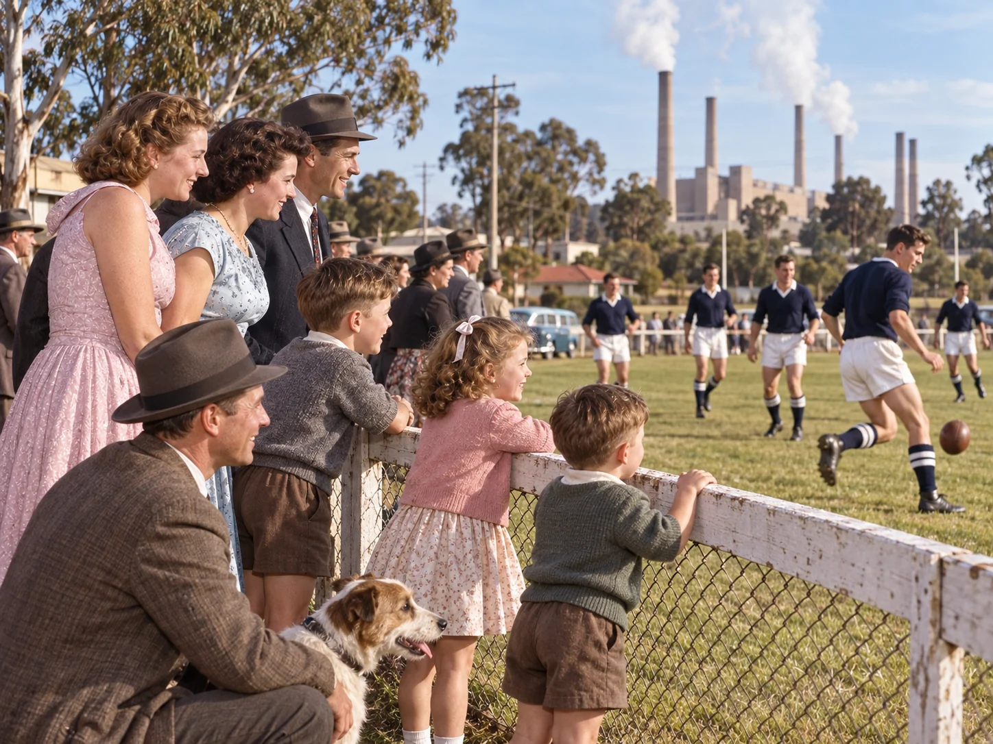 Colour interpretive scene of families and children supporting the Yallourn football team in 1951