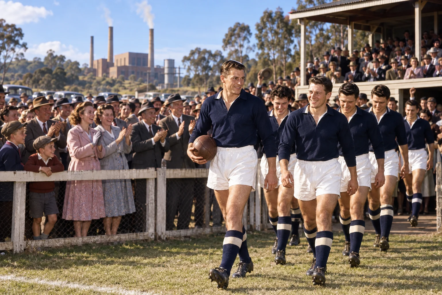 Colour interpretive scene of the 1951 Yallourn football team entering its regional ground