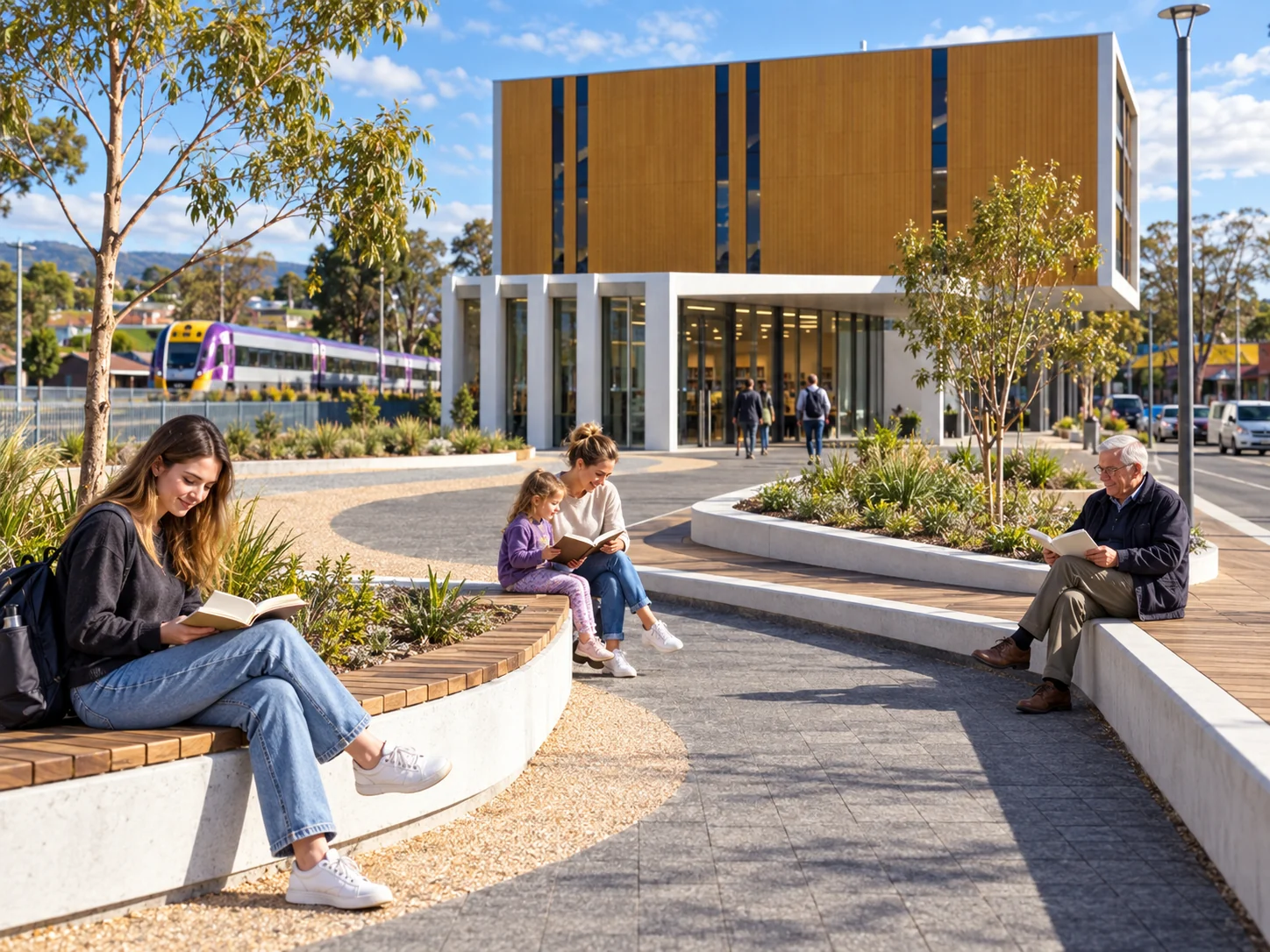Interpretive scene of people of different generations using the Moe civic and library precinct