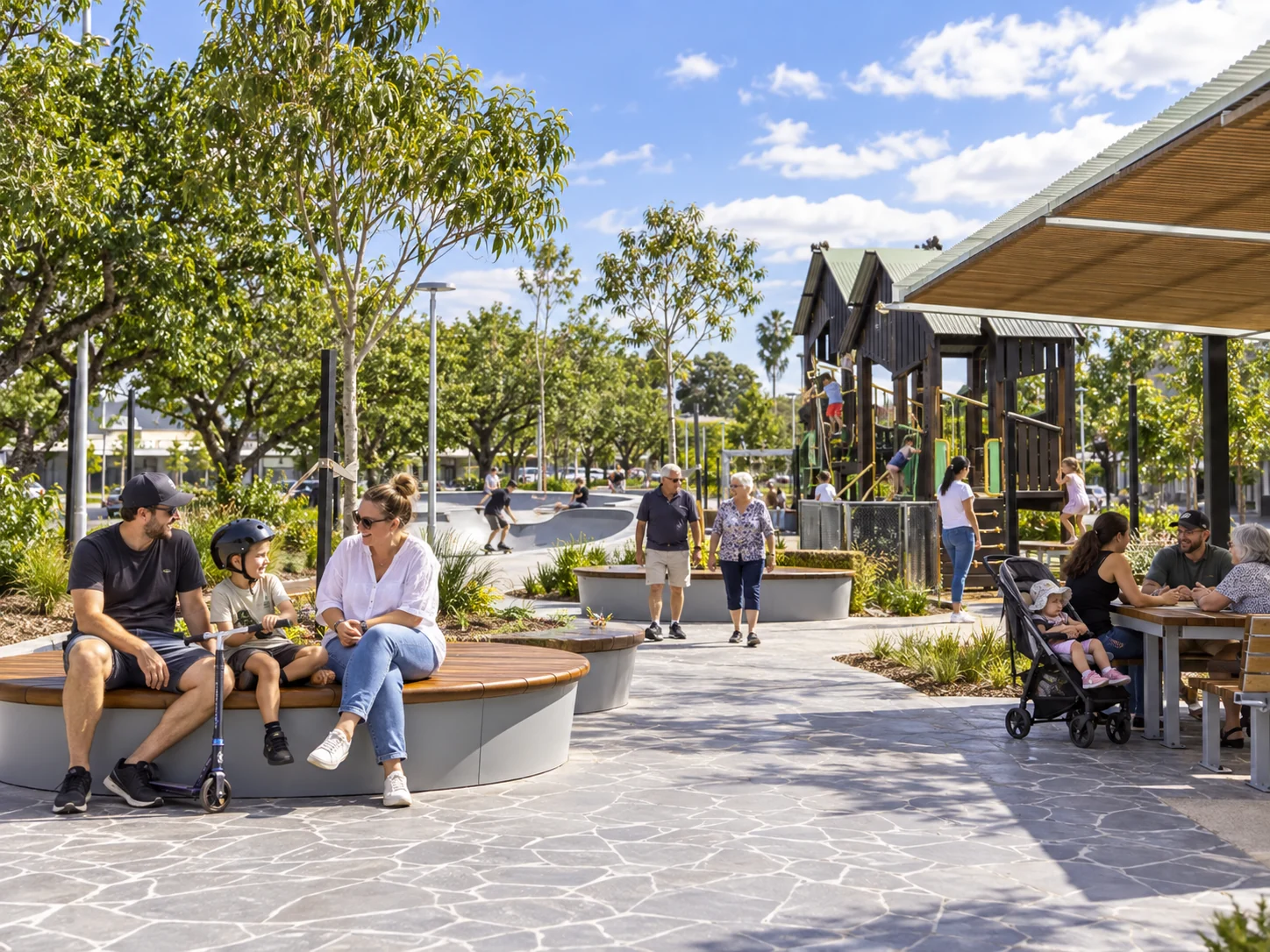 Interpretive scene of families and residents sharing Moe's renewed public space