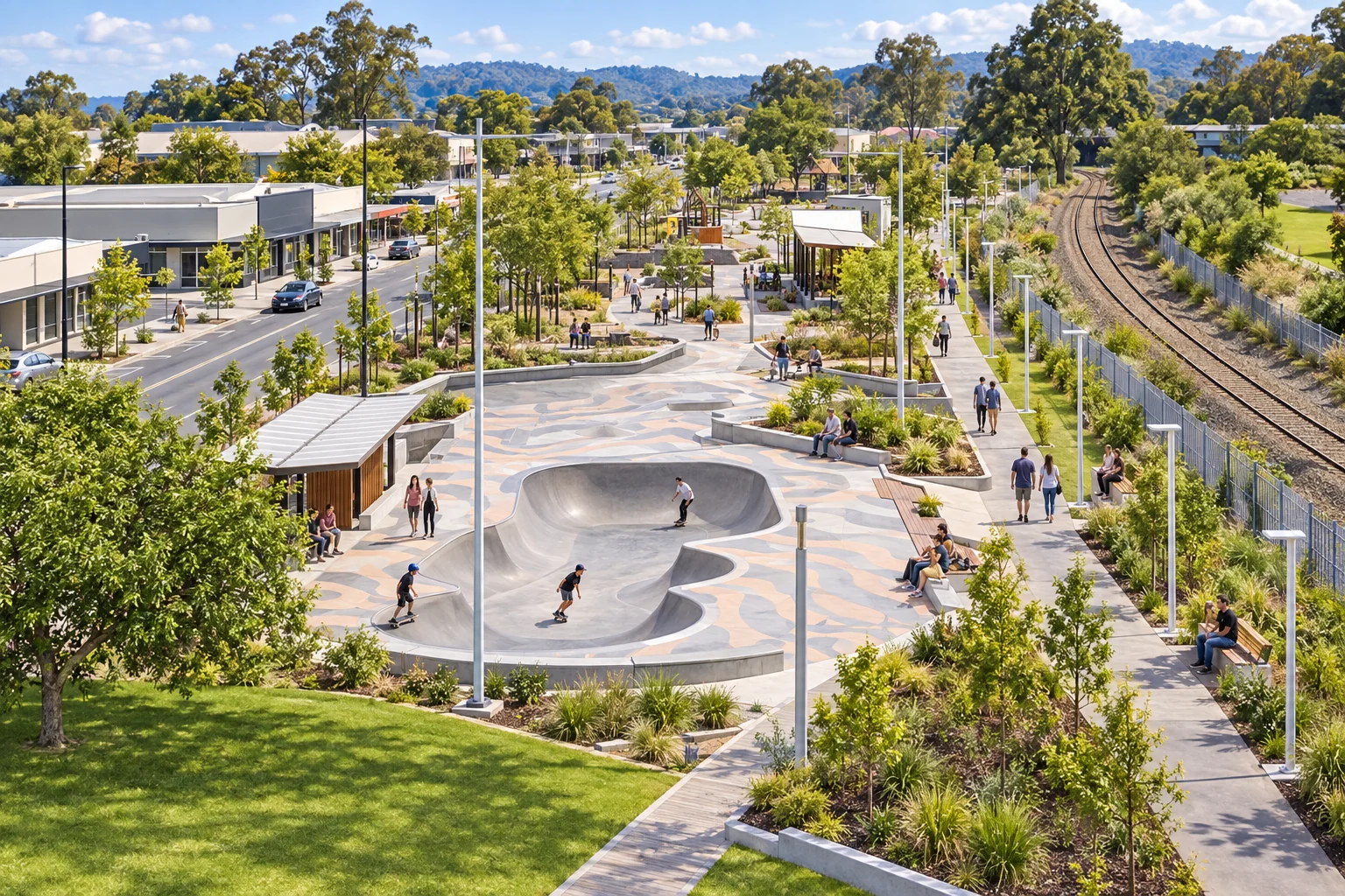 Interpretive view of people using Moe's revitalised civic landscape