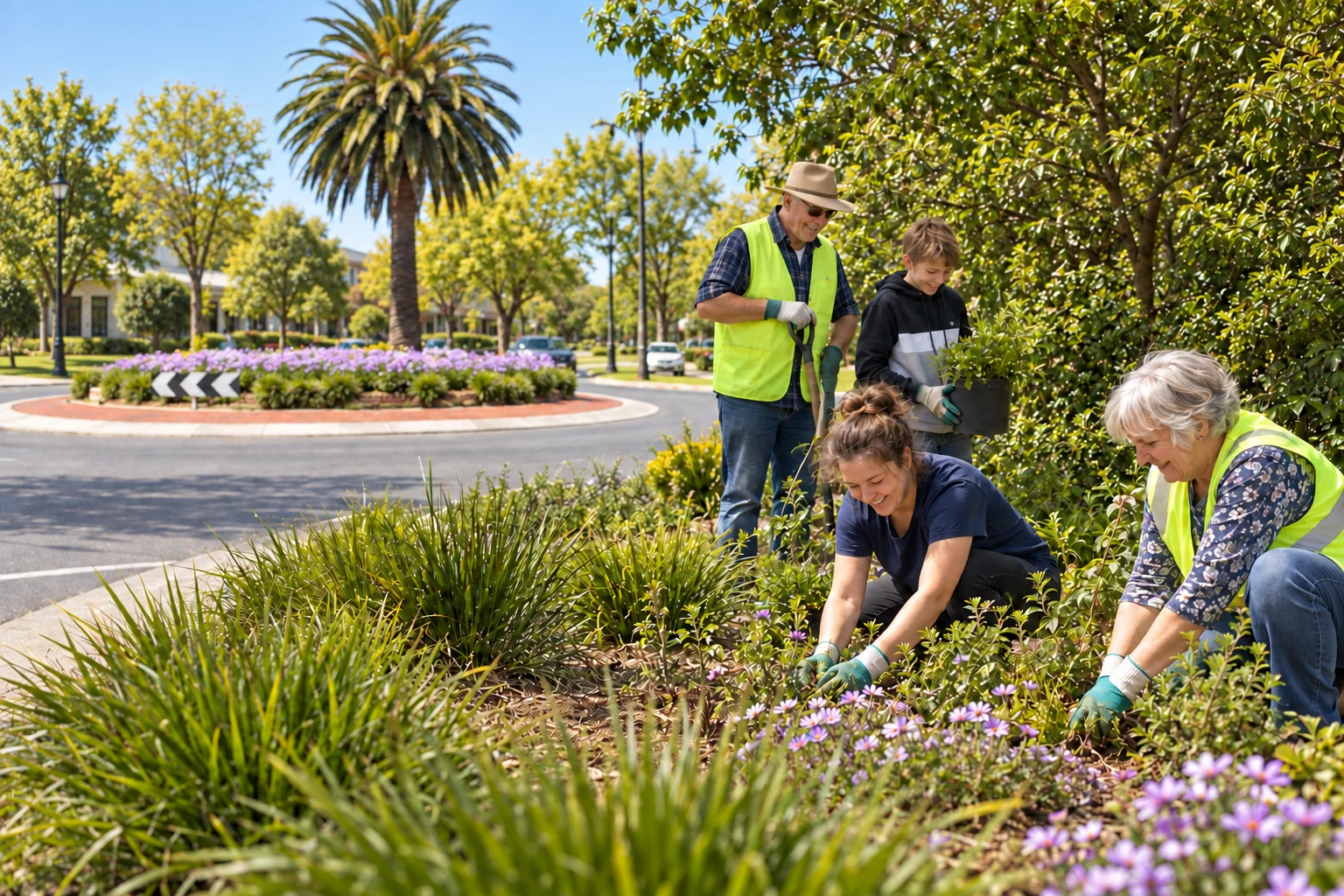 Interpretive scene of Moe community volunteers tending a planted town-centre streetscape near the 2007 Tidy Town winner sign