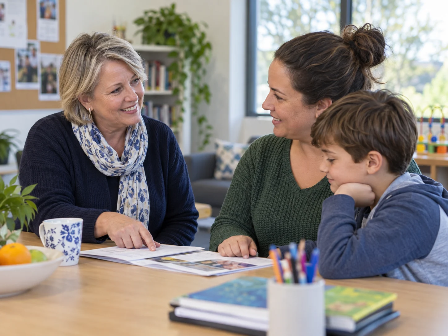 Interpretive scene of a volunteer helping a parent and child with practical support information