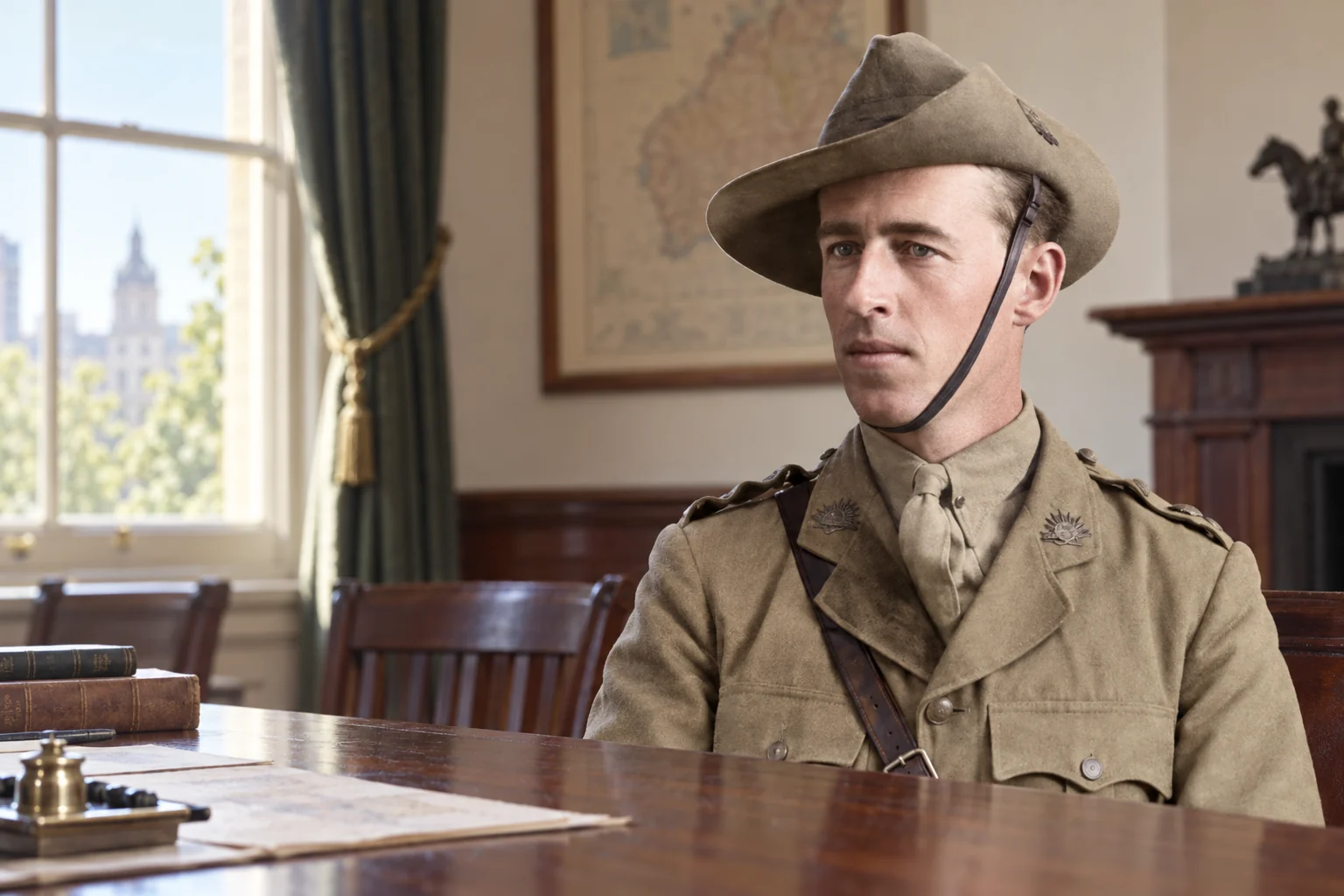 Colour interpretive portrait of young Captain Stanley Savige in an early-twentieth-century meeting room