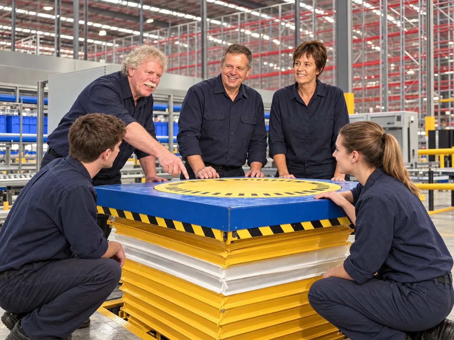 Interpretive scene of Safetech workers sharing practical manufacturing knowledge around an engineered platform