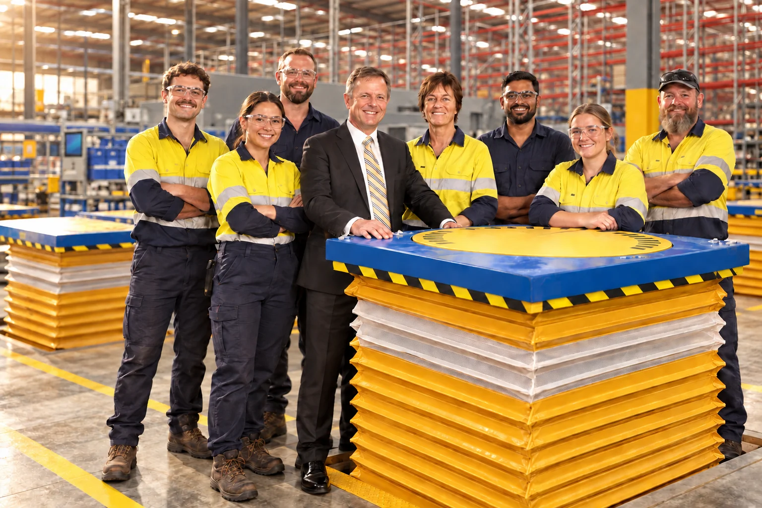 Safetech manufacturing team with an engineered lifting platform in their factory
