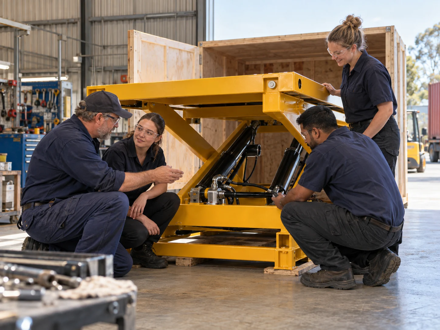 Interpretive scene of a manufacturing team inspecting an engineered lifting platform before export
