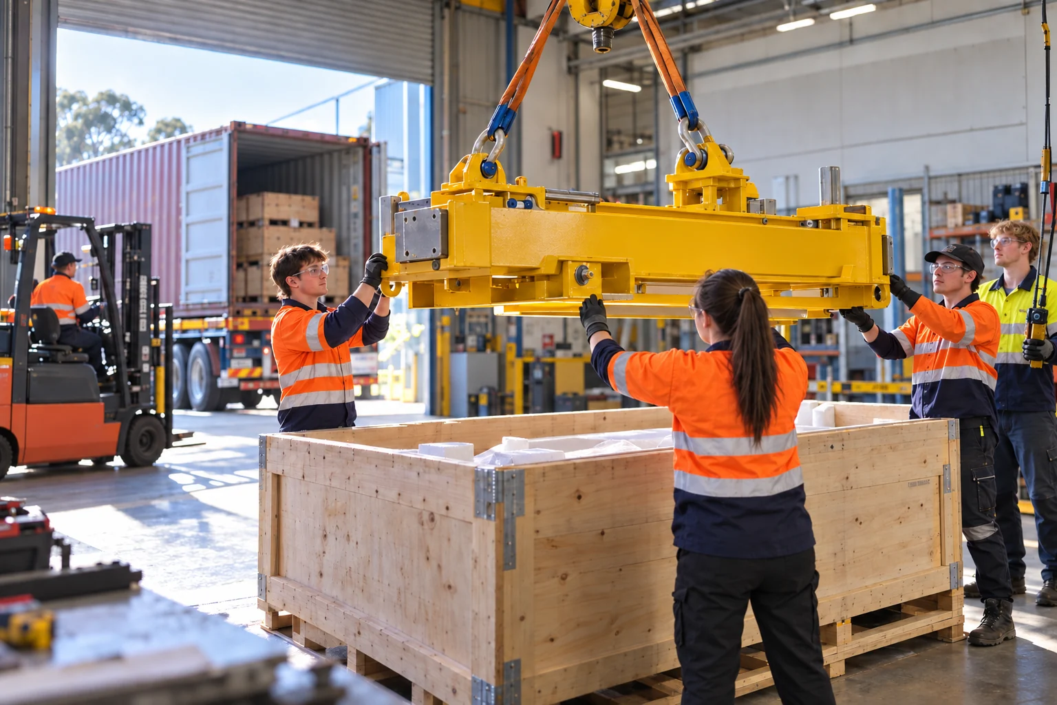 Safetech workers preparing specialised lifting equipment for export