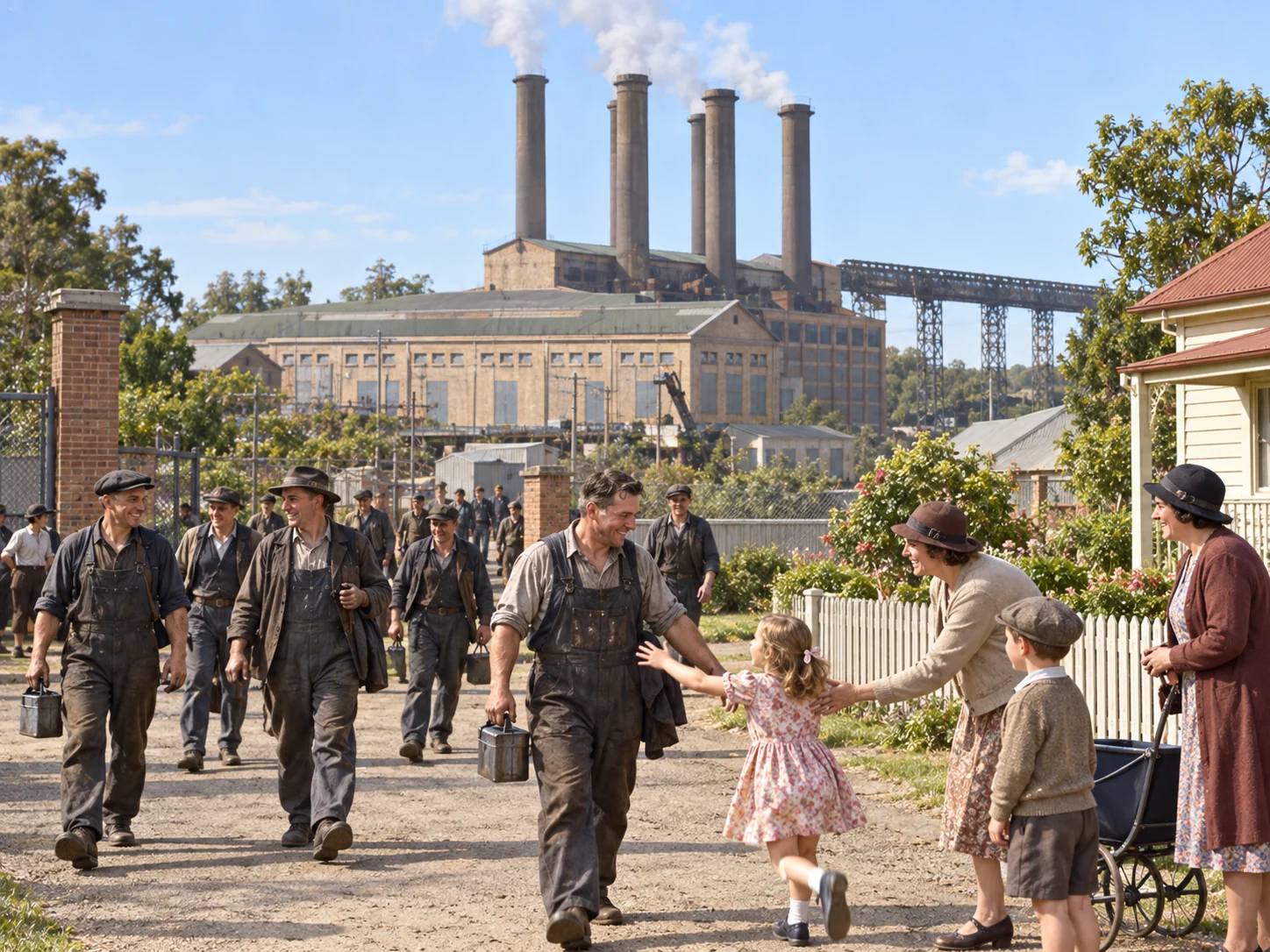 Colour interpretive scene of Yallourn power workers returning to their families