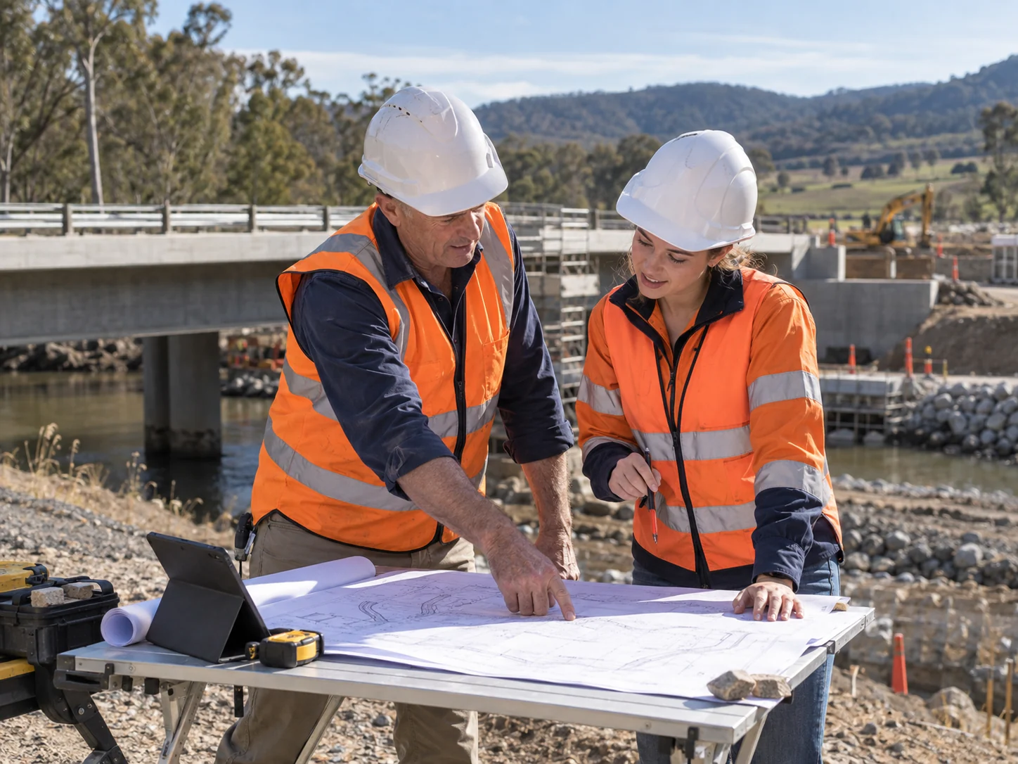 Interpretive scene of an experienced engineer mentoring an early-career engineer at a bridge project