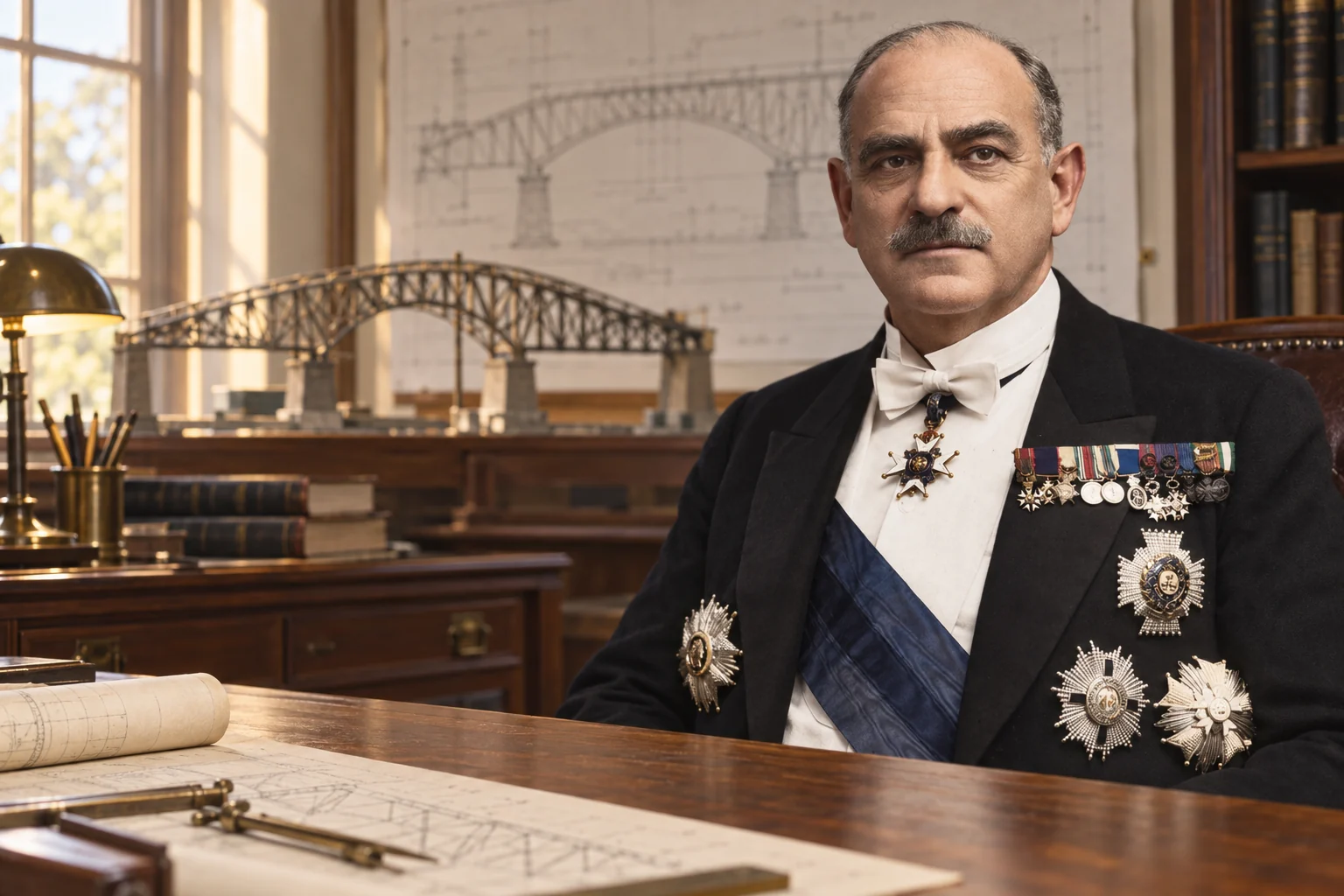 Colour interpretive portrait of Sir John Monash in a bridge engineering office