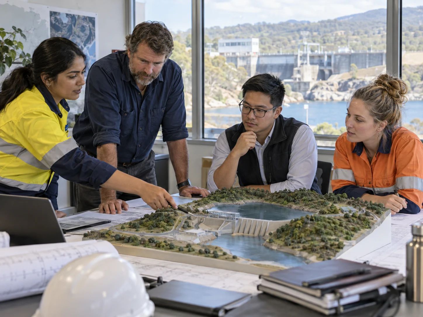 Interpretive scene of a diverse engineering team solving a regional infrastructure problem