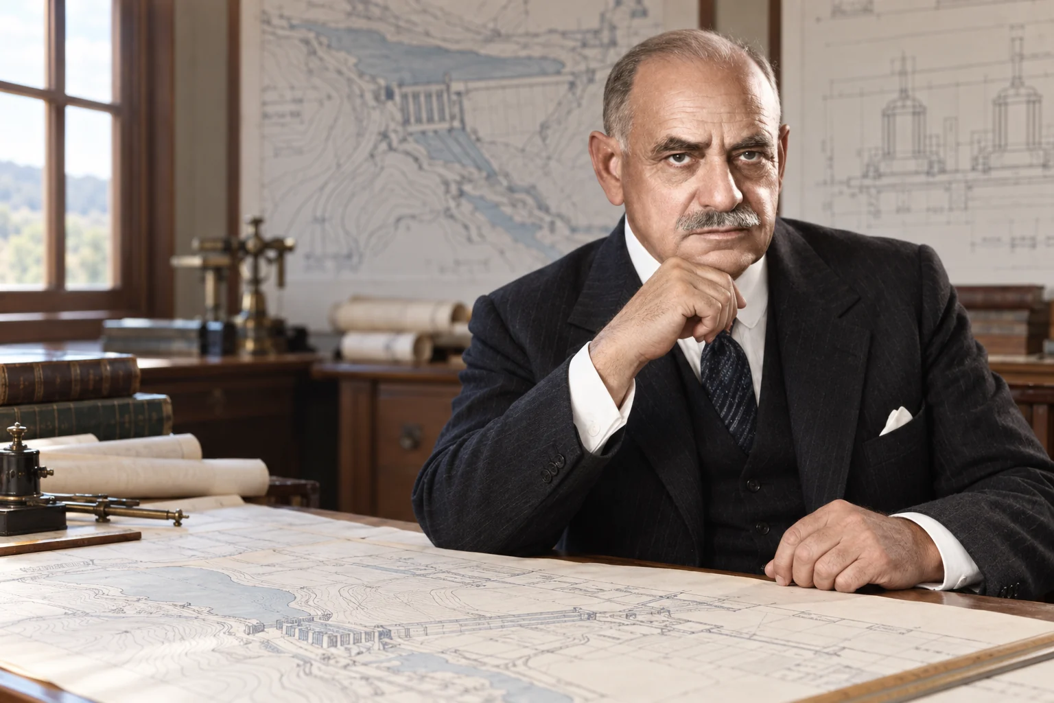 Colour interpretive portrait of Sir John Monash reviewing power-infrastructure plans