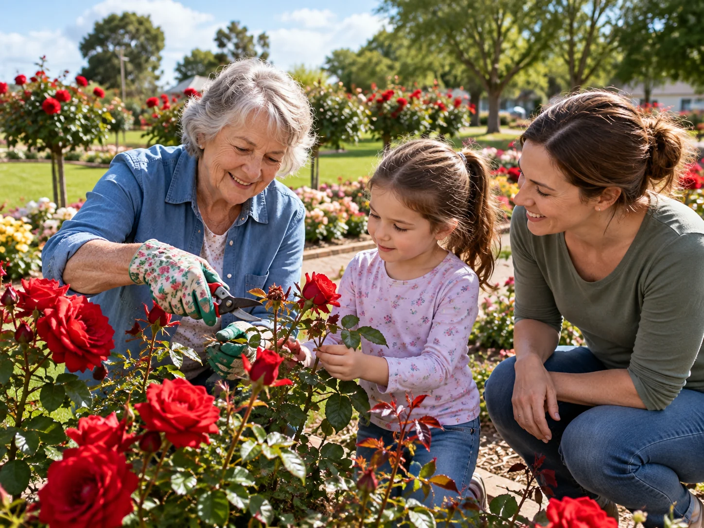 Interpretive scene of a rose-garden volunteer teaching a child and parent
