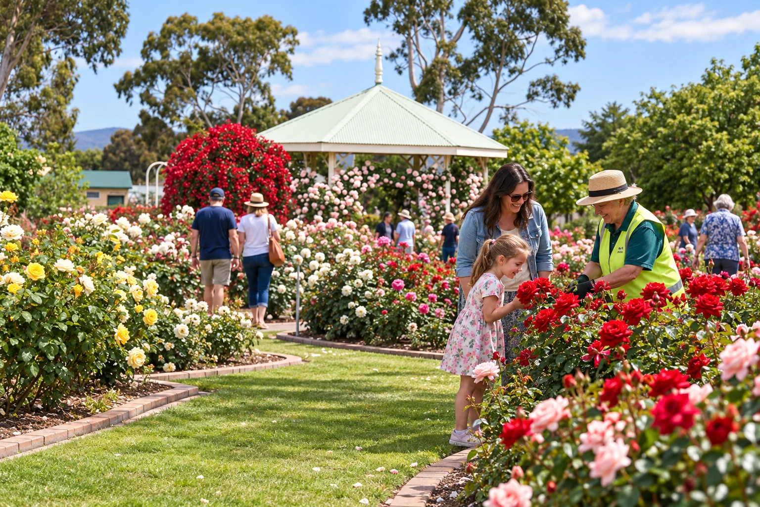 Interpretive scene of volunteers and visitors in the Morwell Centenary Rose Garden