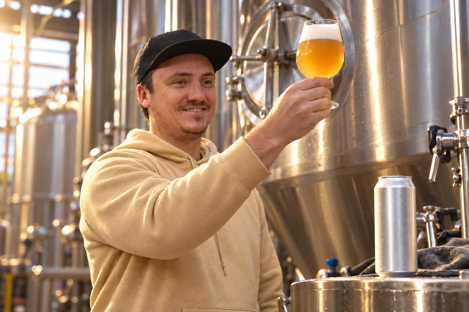 Good Land brewer assessing a beer beside the brewhouse tanks