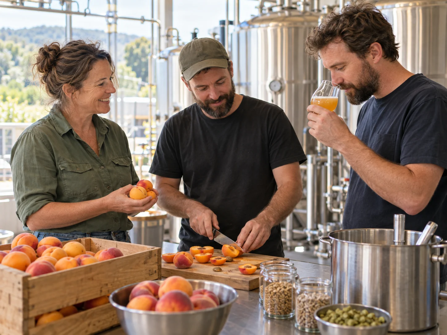 Interpretive scene of a fruit grower and brewers developing a peach and apricot beer
