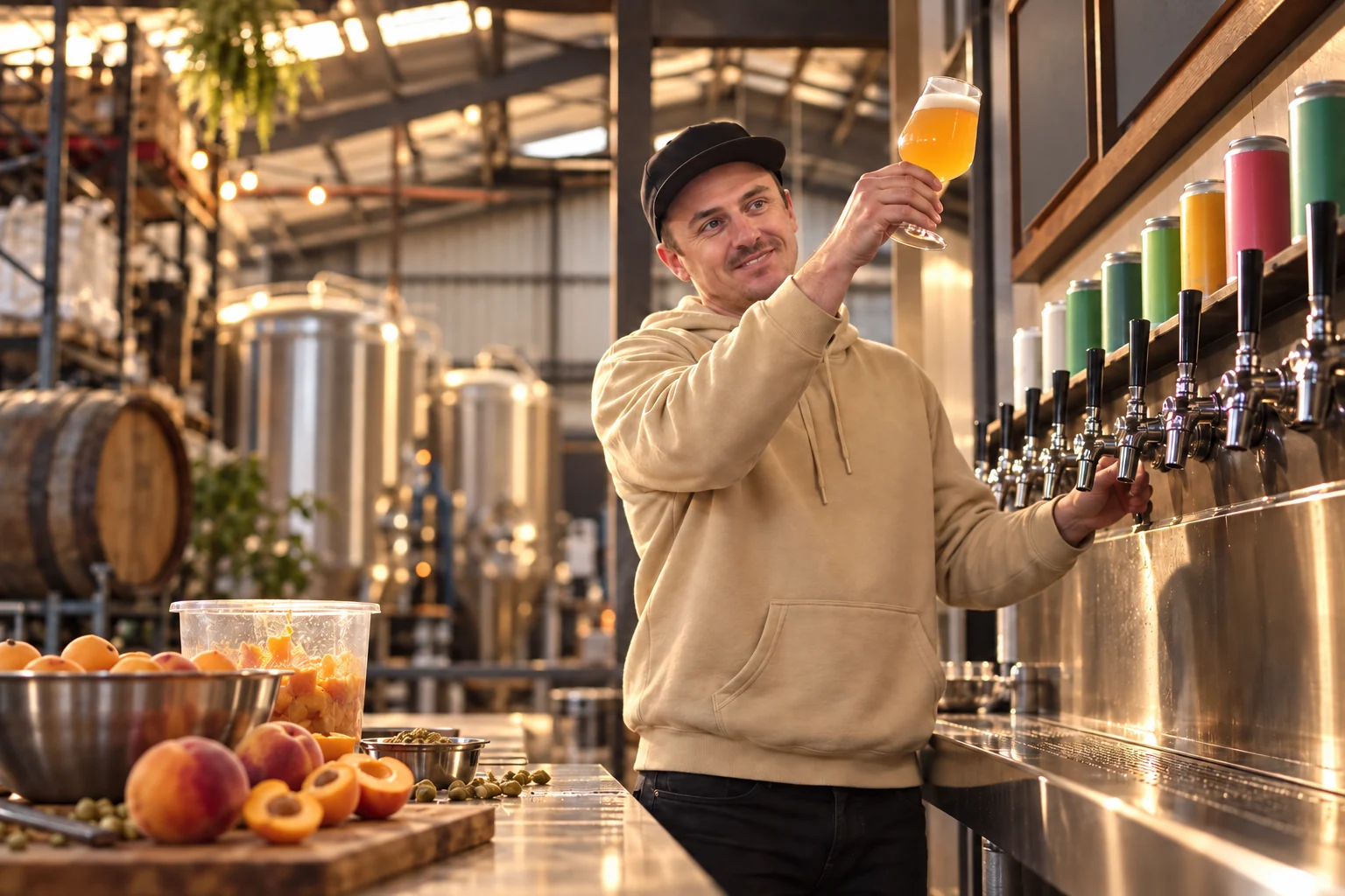Good Land brewer assessing a fruit beer at the brewery taps