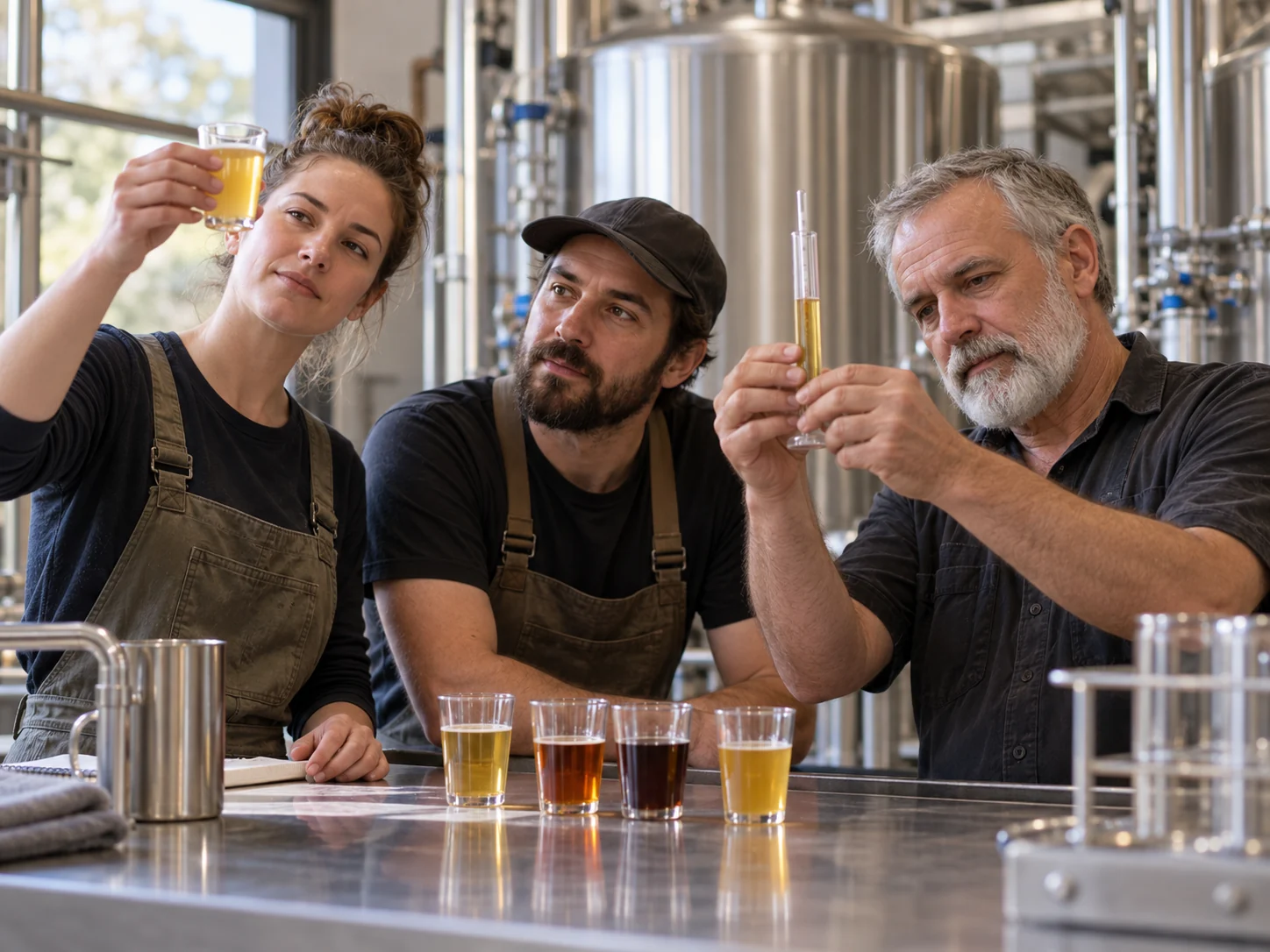 Interpretive scene of three brewers comparing small samples during a quality review