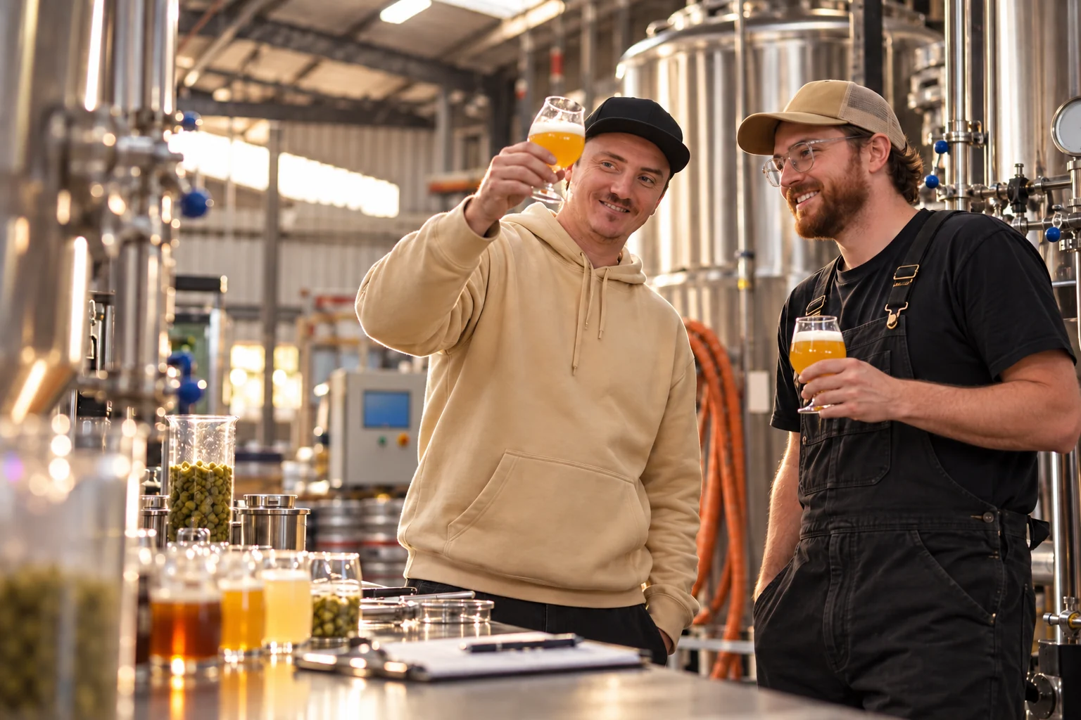 Good Land brewers evaluating a new beer together in the brewhouse