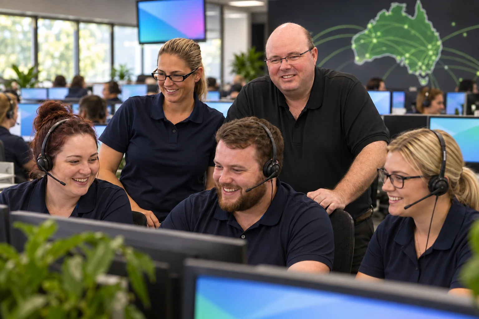 Aussie Broadband team collaborating in a regional service centre